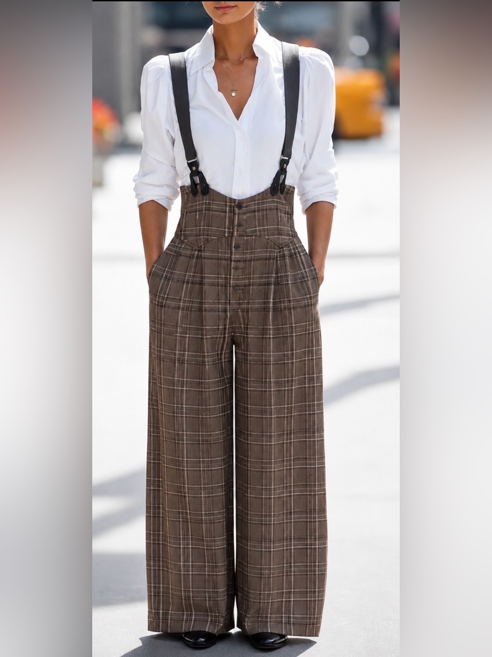 NWT Unique Vintage Brown Plaid High Waist Wide Leg Suspender Pants Fall Preppy L